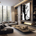 Quadro Decorativo Serenidade em Preto e Branco | quadros decorativos premium | Rosto em preto e branco com traços abstratos e gesto pictórico expressionista. | em ambiente 4 | Porao dos Quadros