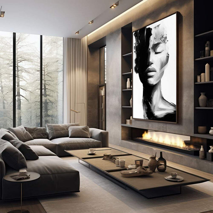 Quadro Decorativo Serenidade em Preto e Branco | quadros decorativos premium | Rosto em preto e branco com traços abstratos e gesto pictórico expressionista. | em ambiente 4 | Porao dos Quadros