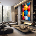 Quadro Decorativo Alegria Colorida | quadros decorativos premium | Guarda-chuvas coloridos em composição geométrica simétrica com vermelho, azul, amarelo e neutros. | em ambiente 4 | Porao dos Quadros