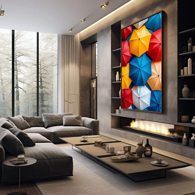 Quadro Decorativo Alegria Colorida | quadros decorativos premium | Guarda-chuvas coloridos em composição geométrica simétrica com vermelho, azul, amarelo e neutros. | em ambiente 4 | Porao dos Quadros