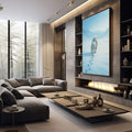 Quadro Decorativo Leão Branco na Neve | quadros decorativos premium | Lobo branco caminhando na neve com pegadas deixadas atrás, paisagem gelada com montanhas ao fundo. | em ambiente 4 | Porao dos Quadros