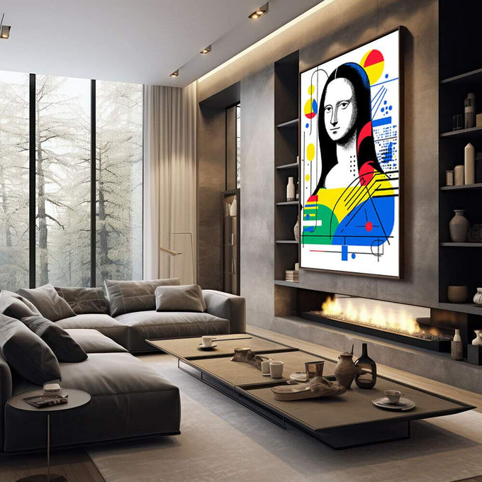 Quadro Decorativo - Mona Lisa Geométrica | quadros decorativos premium | Mona Lisa em pop art com formas geométricas coloridas em amarelo, azul e vermelho | em ambiente 4 | Porao dos Quadros