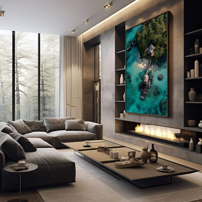 Quadro Decorativo Isle of Serenity | quadros decorativos premium | Vista aérea de praia tropical com pier de madeira, água turquesa cristalina e vegetação verde. | em ambiente 4 | Porao dos Quadros