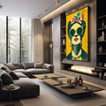 Quadro Decorativo - Frida Kahlo em Cores Vibrantes | quadros decorativos premium | Mulher com óculos redondos amarelos, flores coloridas na cabeça, fundo amarelo vibrante, estilo Pop Art. | em ambiente 4 | Porao dos Quadros