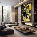 Quadro Decorativo Reflexos da Alma Feminina | quadros decorativos premium | Mulher com flores, borboletas e blocos geométricos em amarelo, azul e preto | em ambiente 4 | Porao dos Quadros