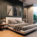 Quadro Decorativo Deslumbre Dourado Luxo e Sofisticação | quadros decorativos premium | Três telas com composição abstrata de linhas geométricas em preto, bege e dourado | em ambiente 4 | Porao dos Quadros