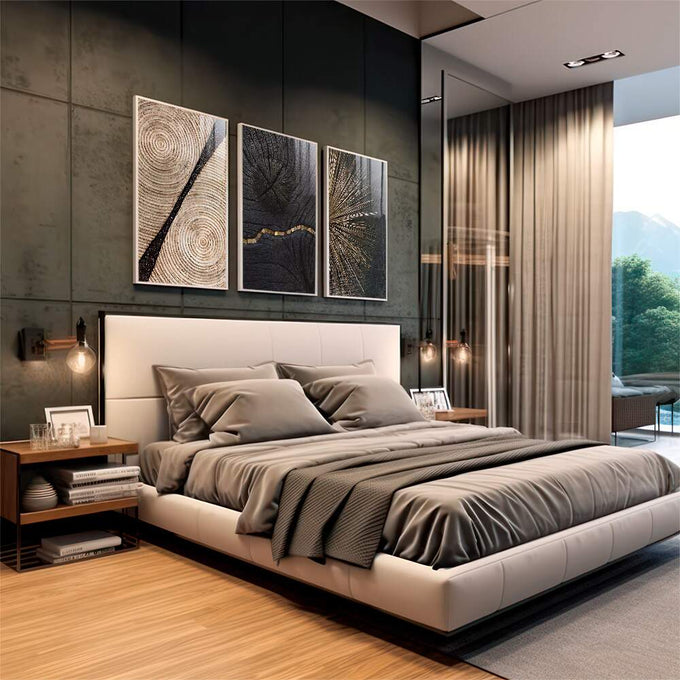 Quadro Decorativo Deslumbre Dourado Luxo e Sofisticação | quadros decorativos premium | Três telas com composição abstrata de linhas geométricas em preto, bege e dourado | em ambiente 4 | Porao dos Quadros