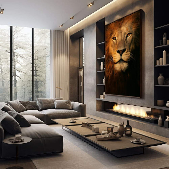 Quadro Decorativo Leão Dourado Majestoso | quadros decorativos premium | Leão majestoso com olhos verdes em tons de ouro e marrom, composição frontal realista. | em ambiente 4 | Porao dos Quadros