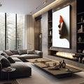 Quadro Decorativo Artística com Borboleta Laranja | quadros decorativos premium | Perfil feminino em tons neutros com borboleta laranja vibrante sobre a testa em composição artística. | em ambiente 4 | Porao dos Quadros