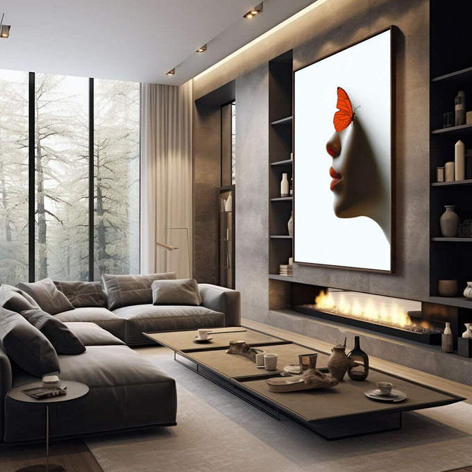Quadro Decorativo Artística com Borboleta Laranja | quadros decorativos premium | Perfil feminino em tons neutros com borboleta laranja vibrante sobre a testa em composição artística. | em ambiente 4 | Porao dos Quadros