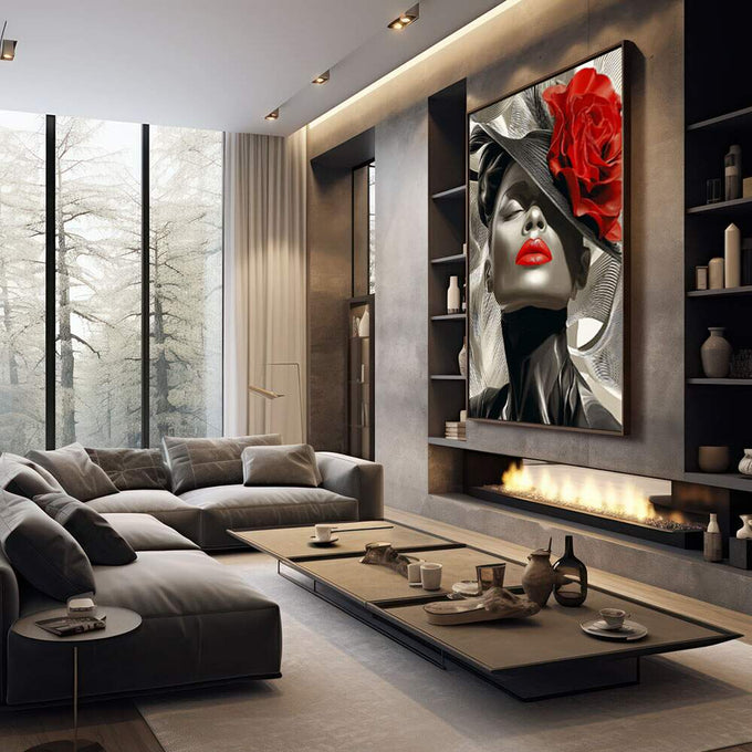 Quadro Decorativo Elegância Abstrata Feminino Estilizado | quadros decorativos premium | Mulher sofisticada em preto e branco com grande flor vermelha, linhas texturizadas e expressão elegante. | em ambiente 4 | Porao dos Quadros