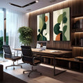 Quadro Decorativo Silhuetas Modernas | quadros decorativos premium | Dois painéis com perfis femininos em verde e laranja com formas circulares e botânicas em estilo moderno. | em ambiente 4 | Porao dos Quadros