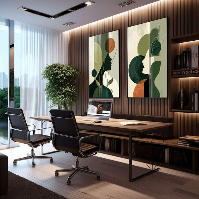 Quadro Decorativo Silhuetas Modernas | quadros decorativos premium | Dois painéis com perfis femininos em verde e laranja com formas circulares e botânicas em estilo moderno. | em ambiente 4 | Porao dos Quadros