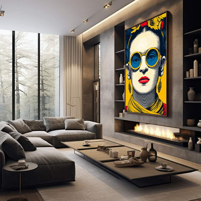 Quadro Decorativo - Frida Kahlo Energizante em Amarelo | quadros decorativos premium | Mulher em pop art com óculos redondos azuis, flores amarelas acima, paleta vibrante. | em ambiente 4 | Porao dos Quadros