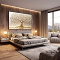 Quadro Decorativo Elegância da Vida Dourada | quadros decorativos premium | Árvore com tronco dourado retorcido e flores brancas abundantes em composição refinada | em ambiente 4 | Porao dos Quadros