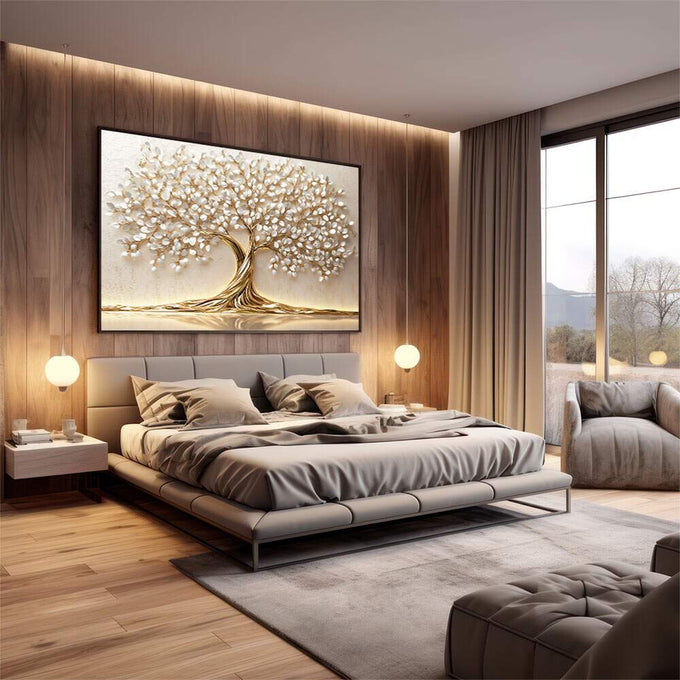 Quadro Decorativo Elegância da Vida Dourada | quadros decorativos premium | Árvore com tronco dourado retorcido e flores brancas abundantes em composição refinada | em ambiente 4 | Porao dos Quadros