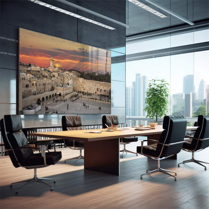Quadro Decorativo: Jerusalém Dourada ao Entardecer - quadros decorativos 1 Tela, 1 Tela Horizontal - em escritorio elegante