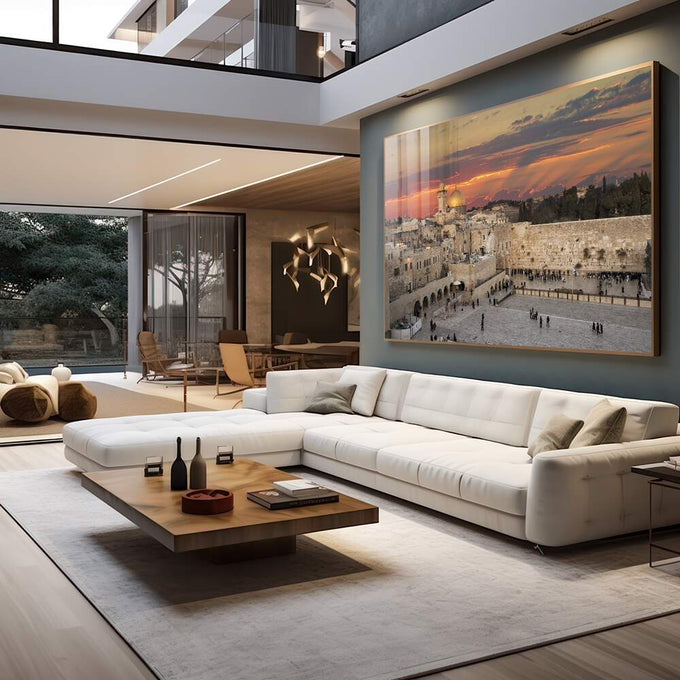 Quadro Decorativo: Jerusalém Dourada ao Entardecer - quadros decorativos 1 Tela, 1 Tela Horizontal - em sala moderna