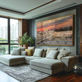 Quadro Decorativo: Jerusalém Dourada ao Entardecer - quadros decorativos para sala 1 Tela, 1 Tela Horizontal - em ambiente decorado