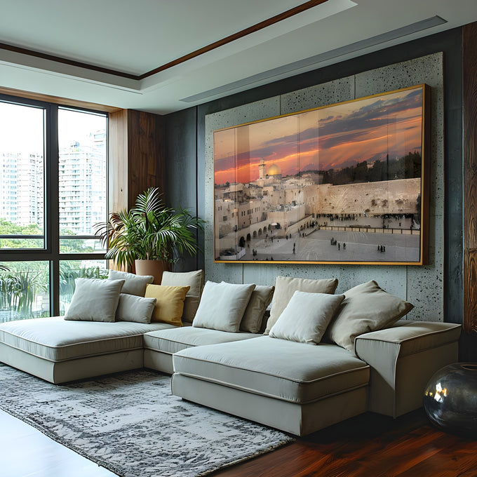 Muro das Lamentações e Domo da Rocha em Jerusalém sob céu alaranjado ao pôr do sol, quadro decorativo