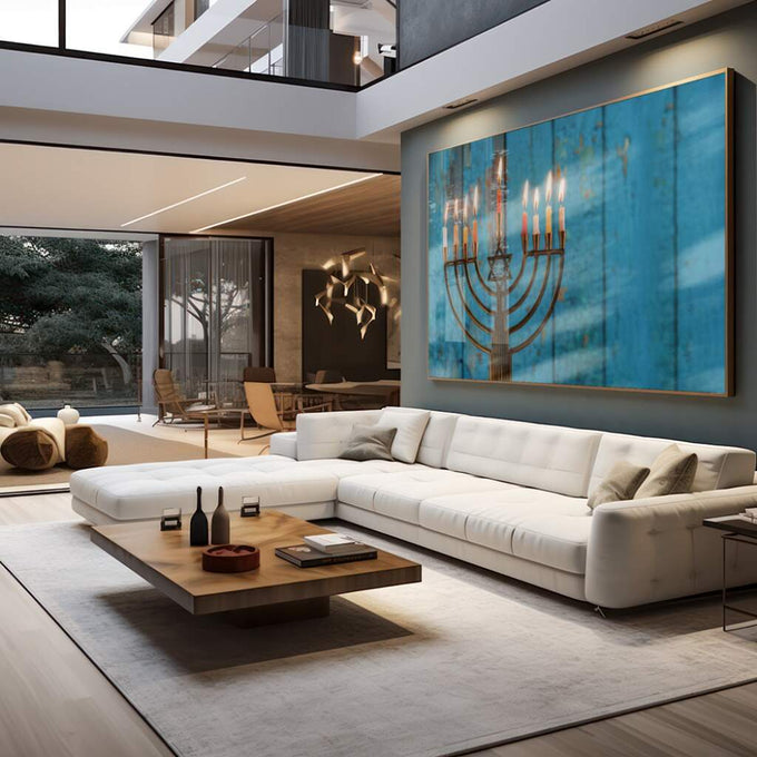 Quadro Decorativo Luz da Menorá: Toque Inspirador - quadros decorativos para sala 1 Tela, 1 Tela Horizontal - em living room premium