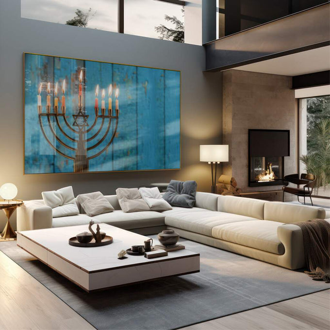 Quadro Decorativo Luz da Menorá: Toque Inspirador - quadros decorativos 1 Tela, 1 Tela Horizontal - em sala moderna
