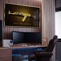 Quadro Decorativo AK-47 Dourado: Luxo e Poder - quadros decorativos para sala 1 Tela, 1 Tela Horizontal - em ambiente decorado