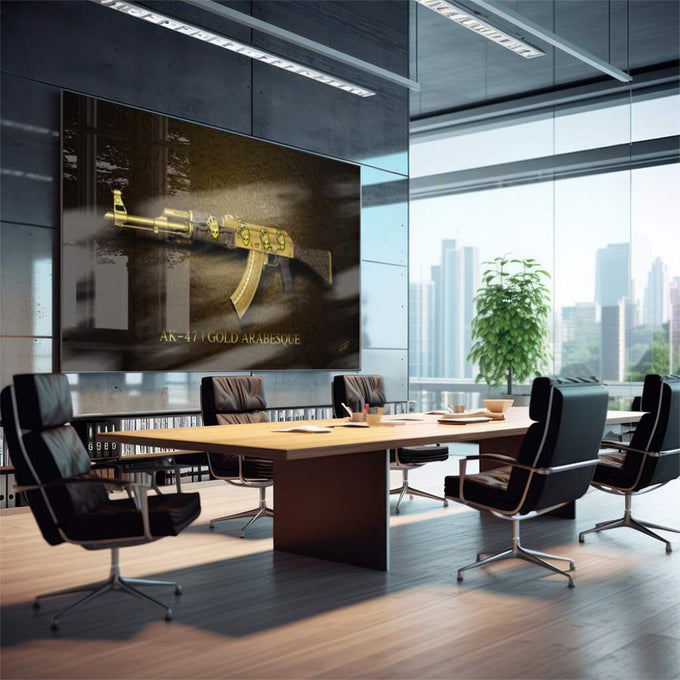 Quadro Decorativo AK-47 Dourado: Luxo e Poder - quadros decorativos para sala 1 Tela, 1 Tela Horizontal - em quarto contemporaneo