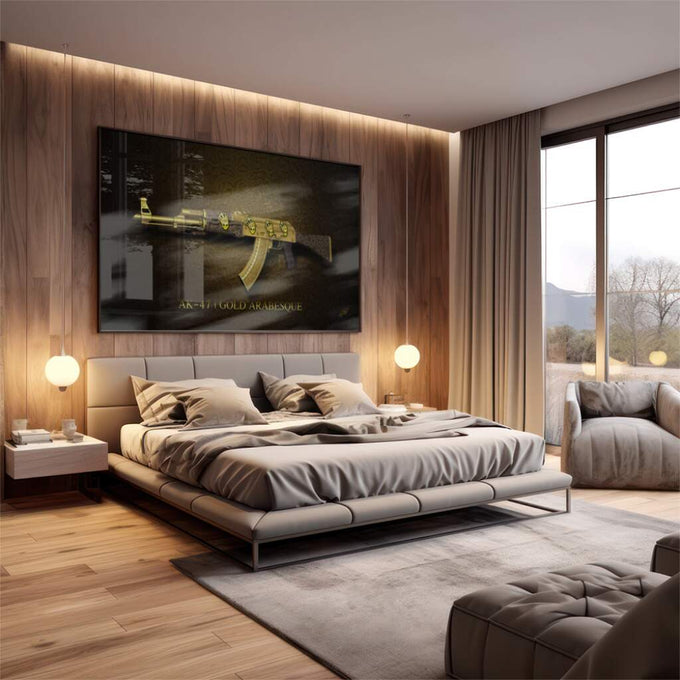 Quadro Decorativo AK-47 Dourado: Luxo e Poder - quadros decorativos 1 Tela, 1 Tela Horizontal - em escritorio elegante