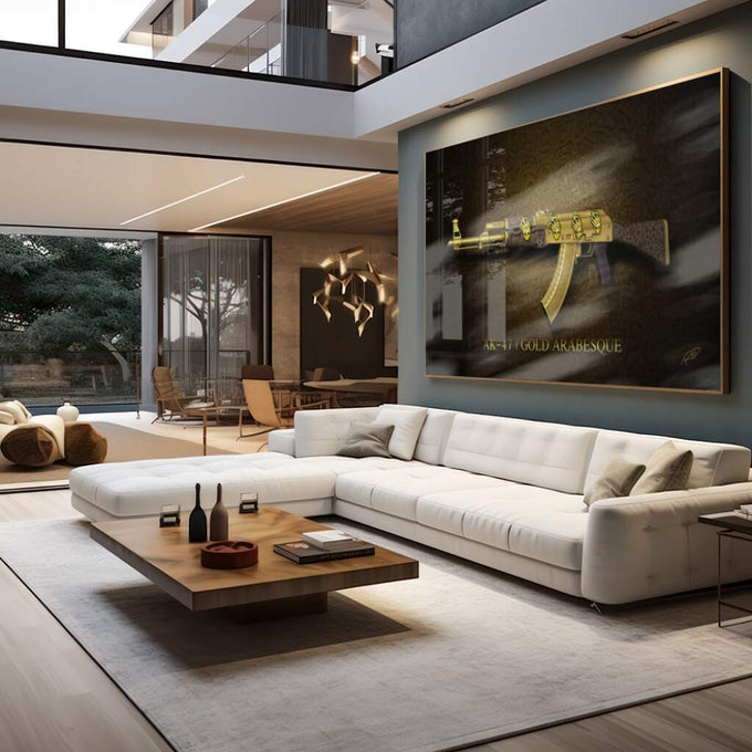 Quadro Decorativo AK-47 Dourado: Luxo e Poder - quadros decorativos para sala 1 Tela, 1 Tela Horizontal - em living room premium