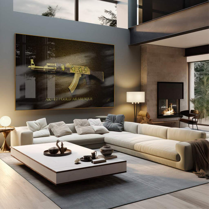 Quadro Decorativo AK-47 Dourado: Luxo e Poder - quadros decorativos 1 Tela, 1 Tela Horizontal - em sala moderna