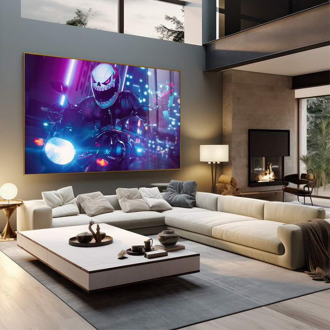 Quadro Decorativo Neon Rider: Jornada Vibrante - quadros decorativos 1 Tela, 1 Tela Horizontal - em sala moderna