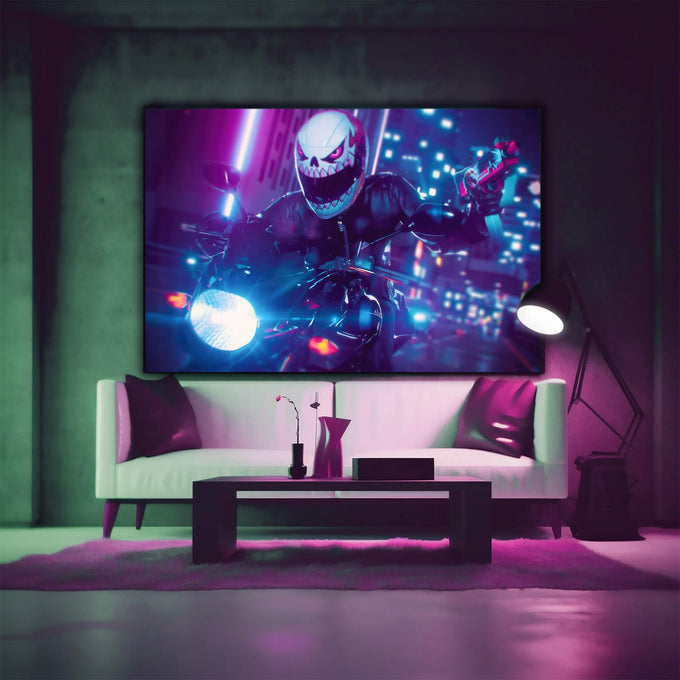 Quadro Decorativo Neon Rider: Jornada Vibrante - quadros decorativos para sala 1 Tela, 1 Tela Horizontal - em ambiente decorado