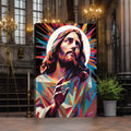 Quadro Decorativo Jesus Abstrato - Toque de Fé e Arte - quadros decorativos para sala 1 Tela Vertical, 3 Telas - em ambiente decorado