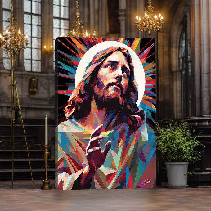 Quadro Decorativo Jesus Abstrato - Toque de Fé e Arte - quadros decorativos para sala 1 Tela Vertical, 3 Telas - em ambiente decorado