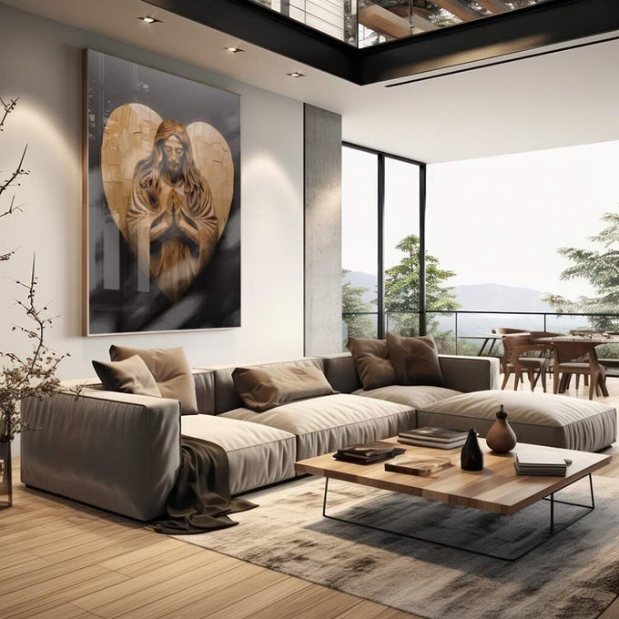 Quadro Decorativo: Inspiradora Oração de Jesus - quadros decorativos para sala 1 Tela Vertical, 3 Telas - em living room premium