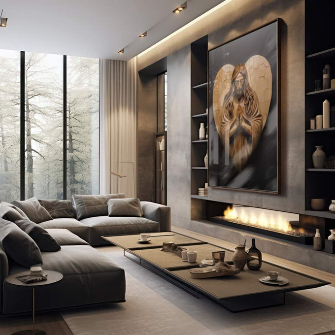 Quadro Decorativo: Inspiradora Oração de Jesus - quadros decorativos 1 Tela Vertical, 3 Telas - em sala moderna