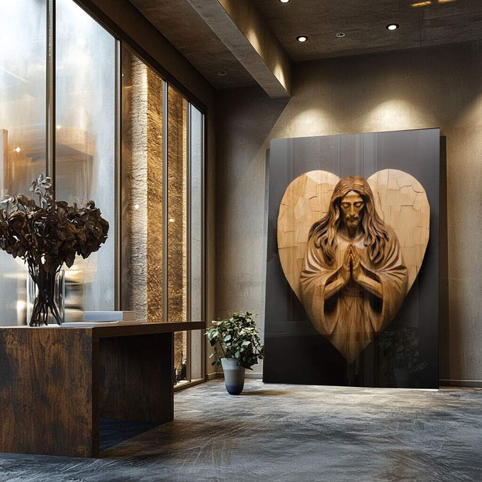 Quadro Decorativo: Inspiradora Oração de Jesus - quadros decorativos para sala 1 Tela Vertical, 3 Telas - em ambiente decorado