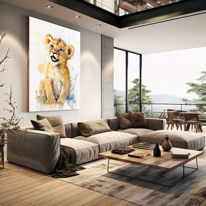 Quadro Decorativo Leãozinho Valente: Inspire Coragem - quadros decorativos 1 Tela Vertical, 3 Telas - em escritorio elegante