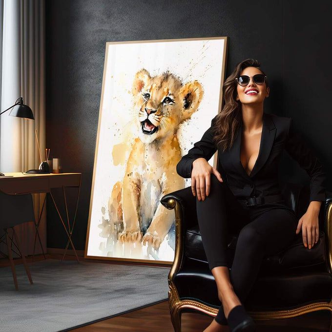 Quadro Decorativo Leãozinho Valente: Inspire Coragem - quadros decorativos 1 Tela Vertical, 3 Telas - em sala moderna