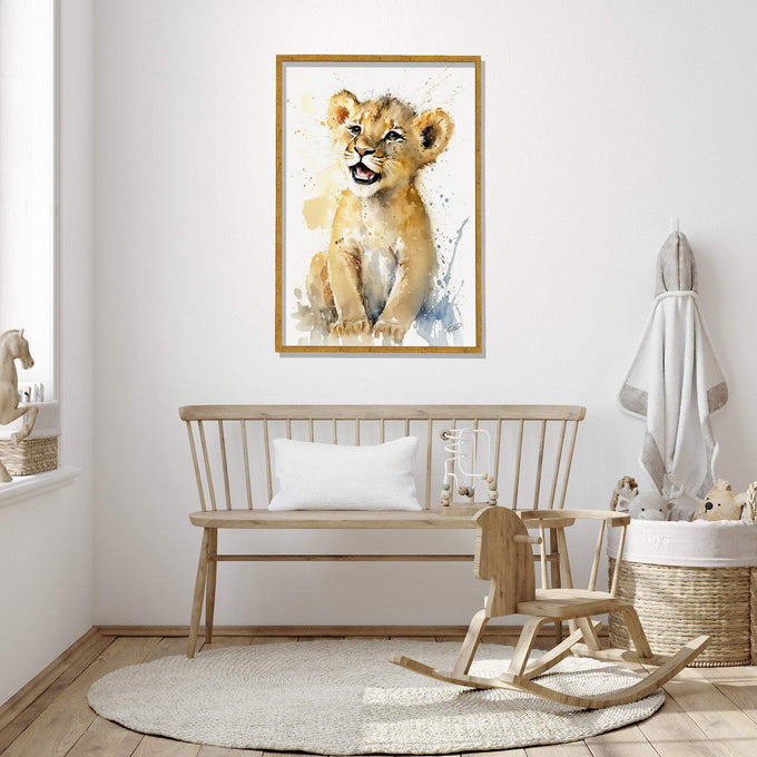 Quadro Decorativo Leãozinho Valente: Inspire Coragem - quadros decorativos para sala 1 Tela Vertical, 3 Telas - em ambiente decorado