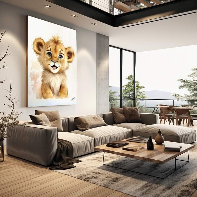 Quadro Decorativo Filhote de Leão: Encanto Puro - quadros decorativos 1 Tela Vertical, 3 Telas - em escritorio elegante