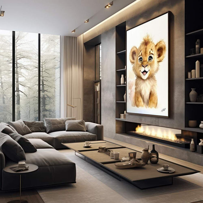 Quadro Decorativo Filhote de Leão: Encanto Puro - quadros decorativos para sala 1 Tela Vertical, 3 Telas - em living room premium