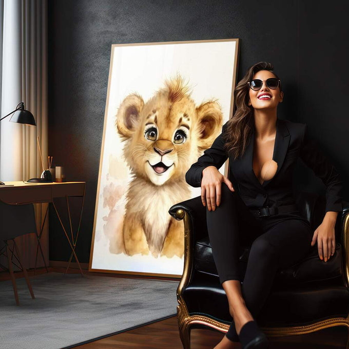 Quadro Decorativo Filhote de Leão: Encanto Puro - quadros decorativos 1 Tela Vertical, 3 Telas - em sala moderna
