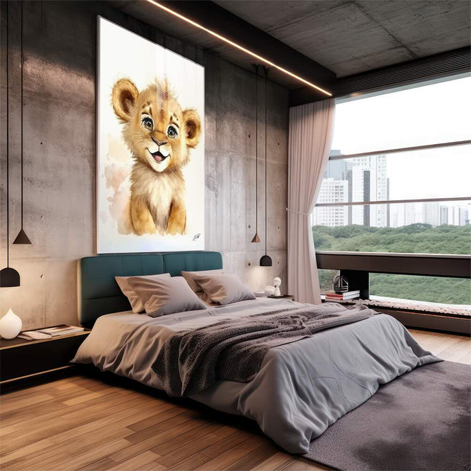 Quadro Decorativo Filhote de Leão: Encanto Puro - quadros decorativos para sala 1 Tela Vertical, 3 Telas - em quarto contemporaneo