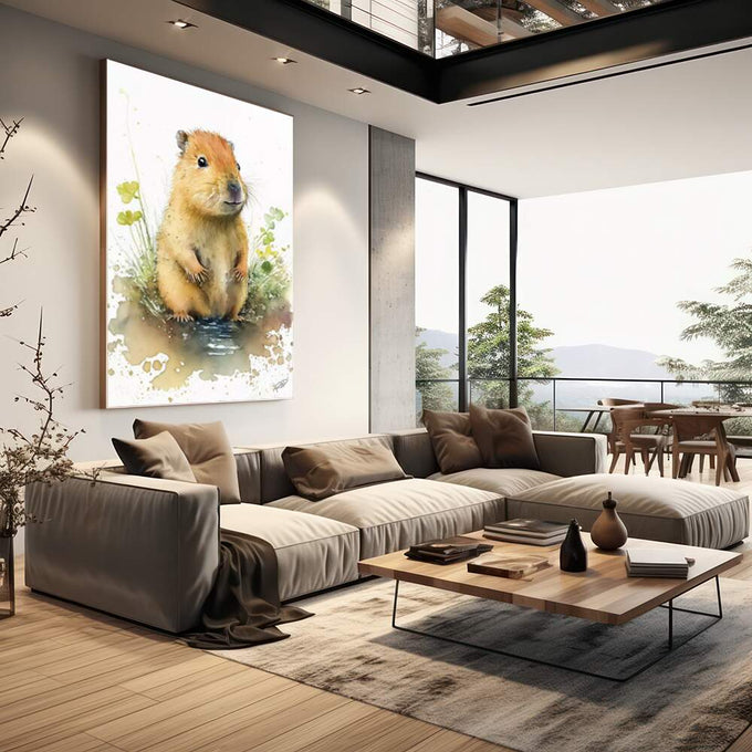 Quadro Decorativo Capivara Feliz: Alegria para o Quarto Infantil - quadros decorativos 1 Tela Vertical, 3 Telas - em escritorio elegante
