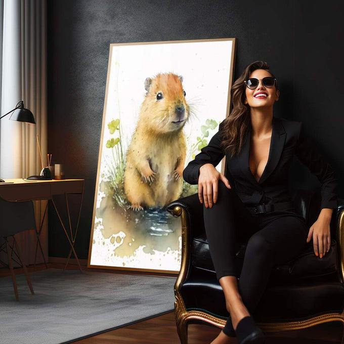 Quadro Decorativo Capivara Feliz: Alegria para o Quarto Infantil - quadros decorativos 1 Tela Vertical, 3 Telas - em sala moderna