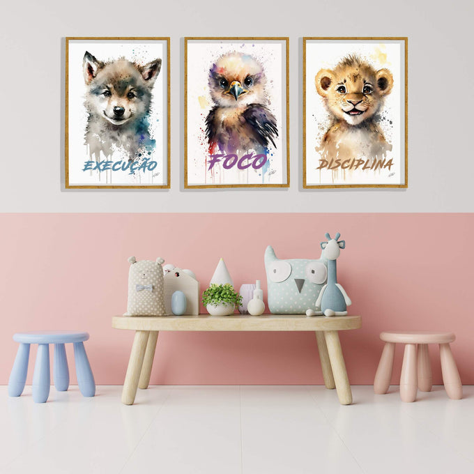Quadro Decorativo Inspiração: Execução, Disciplina, Foco - quadros decorativos para sala 1 Tela Vertical, 3 Telas - em ambiente decorado
