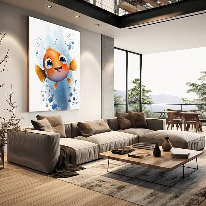 Quadro Decorativo Peixinho Alegre em Oceano Sereno - quadros decorativos para sala 1 Tela Vertical, 3 Telas - em quarto contemporaneo