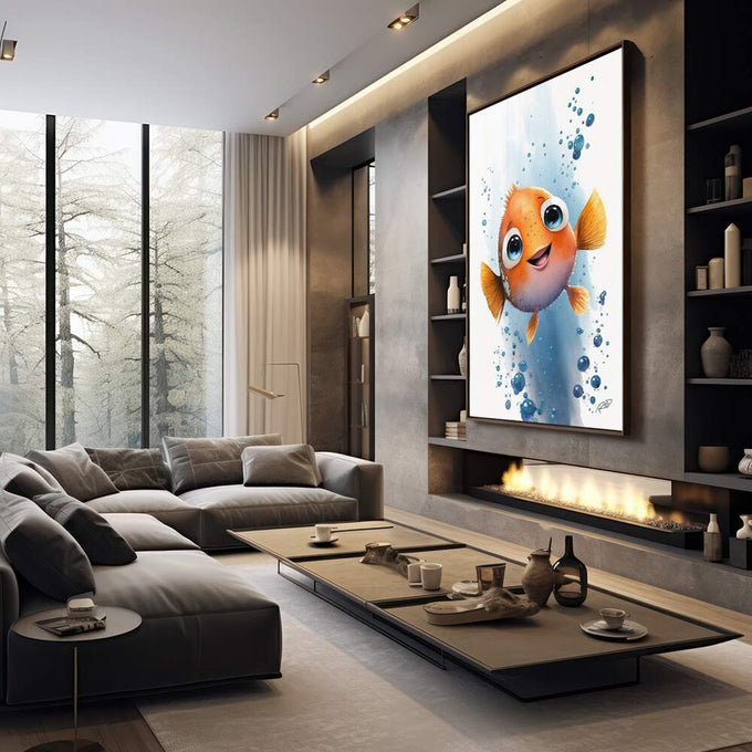 Quadro Decorativo Peixinho Alegre em Oceano Sereno - quadros decorativos 1 Tela Vertical, 3 Telas - em escritorio elegante